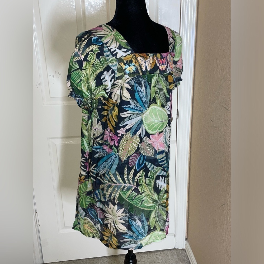 Johnny Was Workshop Tropical Puff Sleeve Tunic Dress in Green Multicolor XS‌‌‌‌‌ - Picture 4 of 12